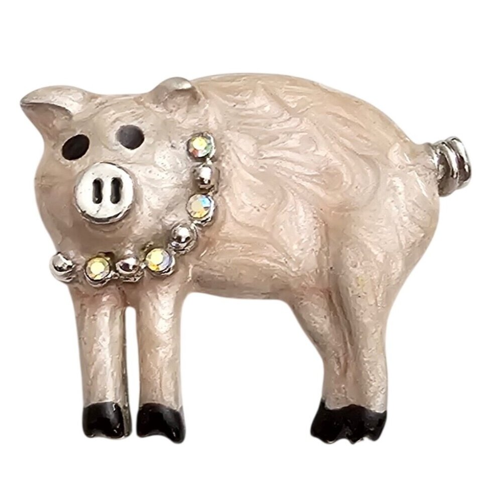 Danecraft Pin Pig Brooch, Pearly Enamel, AB Rhinestone Pin Signed J351
